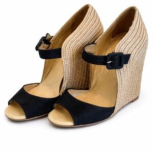 Christian Louboutin Espadrille Wedge Linen Mary Jane Peep Toe Red Sole